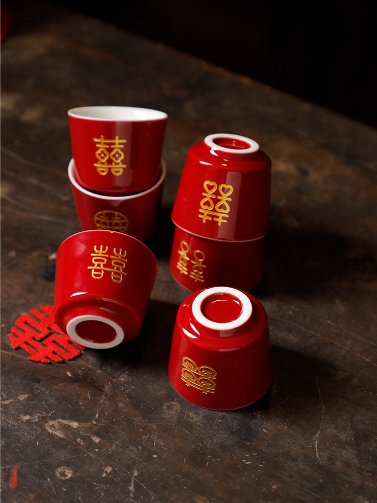 Chinese Wedding Tea Ceremony Cups, Double Happiness Wedding Tea Cups, Red Cups for Chinese Wedding Tea Ceremony, Red Cup Set in Gift Box