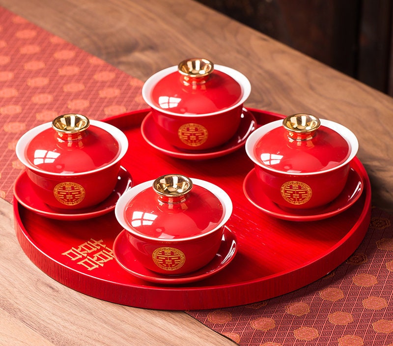 Chinese wedding Tea Set, Tea Ceremony Set for Oriental Wedding, Double Happiness Tea Set - 1 Teapot, 4 Gaiwans and Tray, Wedding Tea Set