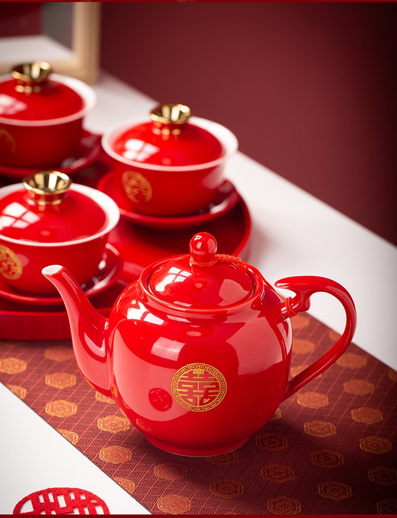 Chinese wedding Tea Set, Tea Ceremony Set for Oriental Wedding, Double Happiness Tea Set - 1 Teapot, 4 Gaiwans and Tray, Wedding Tea Set