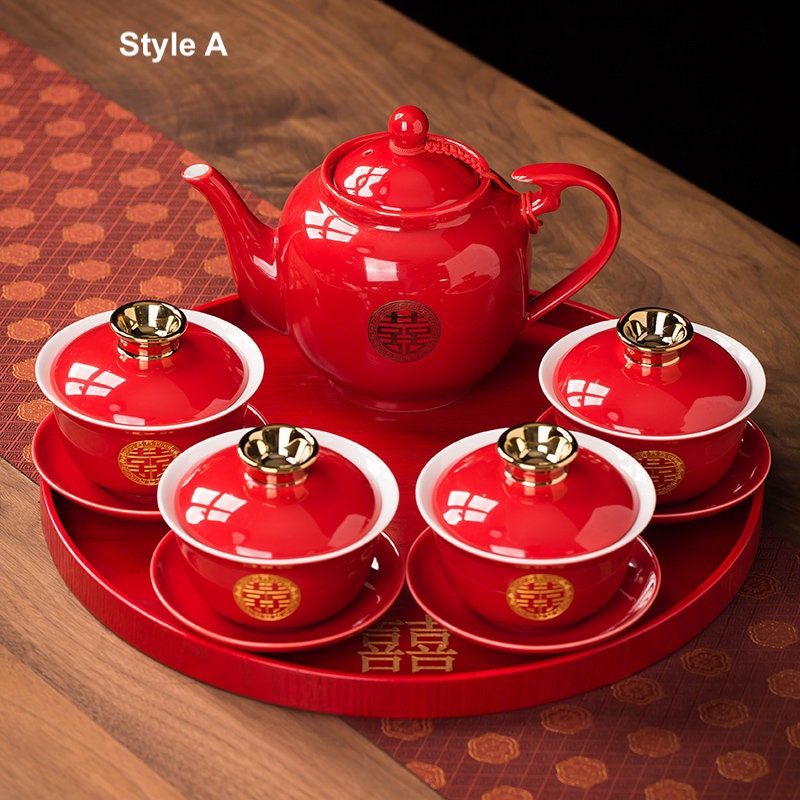 Chinese wedding Tea Set, Tea Ceremony Set for Oriental Wedding, Double Happiness Tea Set - 1 Teapot, 4 Gaiwans and Tray, Wedding Tea Set