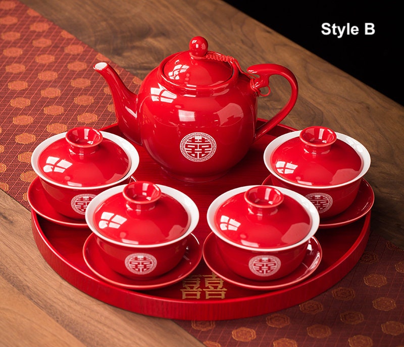 Chinese wedding Tea Set, Tea Ceremony Set for Oriental Wedding, Double Happiness Tea Set - 1 Teapot, 4 Gaiwans and Tray, Wedding Tea Set