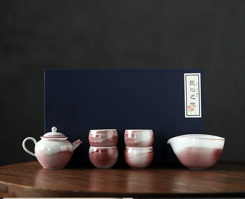Handmade Pink Gongfu Tea Set, Jingdezhen handmade tea set, Chinese Gongfu tea ceremony set, Asian Tea Art Set, Kungfu Tea Lovers Gift Set