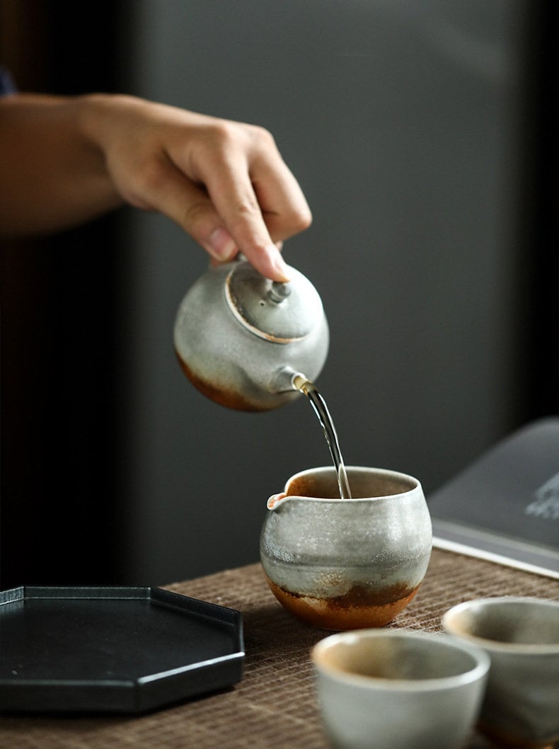 Handmade Kungfu tea Set, Jingdezhen Wood-fire Color Teapot Set - 1 teapot, 4 cups and 1 fairness cup, Gift Set for Gongfu Tea Lovers