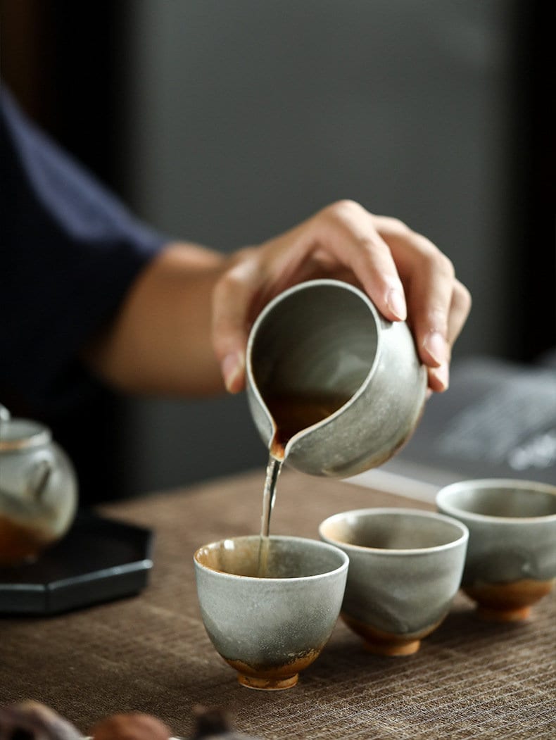 Handmade Kungfu tea Set, Jingdezhen Wood-fire Color Teapot Set - 1 teapot, 4 cups and 1 fairness cup, Gift Set for Gongfu Tea Lovers