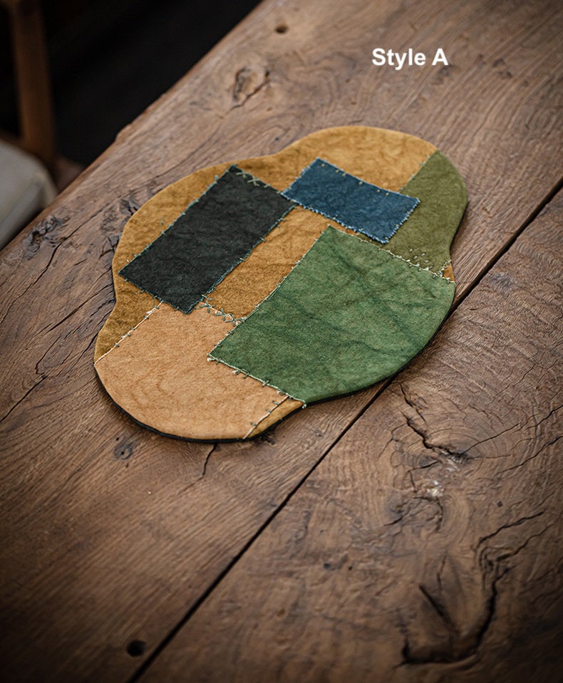 Hand Stitching Tea Table Mat 33X23CM, Plant Dye Canvas Embroidery Tea Mat, Teapot Mat, Chado Placemat, waterproof, Kungfu Tea Accessories