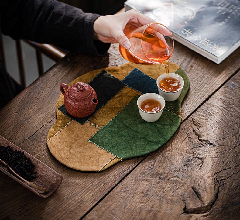Hand Stitching Tea Table Mat 33X23CM, Plant Dye Canvas Embroidery Tea Mat, Teapot Mat, Chado Placemat, waterproof, Kungfu Tea Accessories