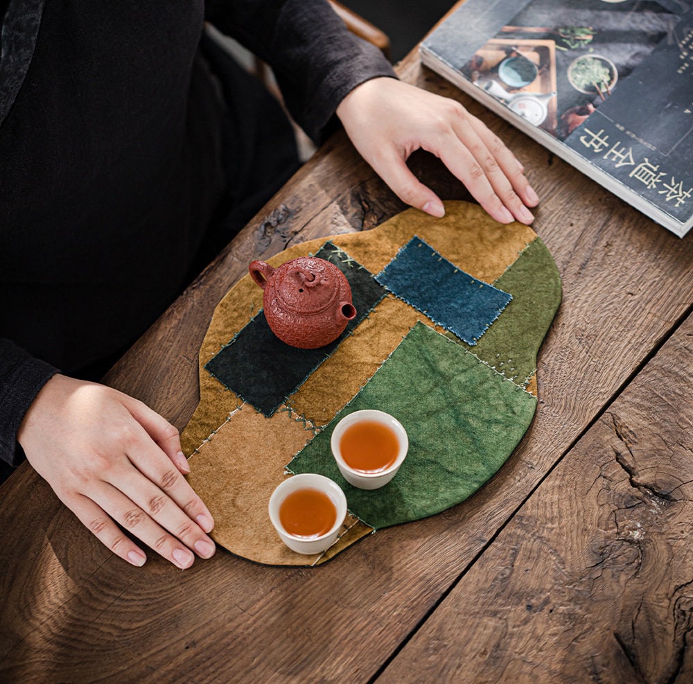 Hand Stitching Tea Table Mat 33X23CM, Plant Dye Canvas Embroidery Tea Mat, Teapot Mat, Chado Placemat, waterproof, Kungfu Tea Accessories