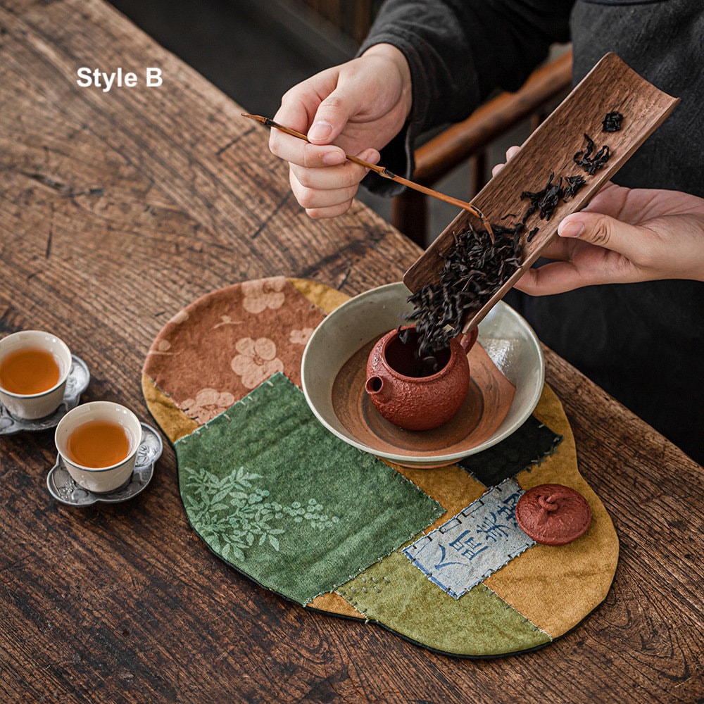 Hand Stitching Tea Table Mat 33X23CM, Plant Dye Canvas Embroidery Tea Mat, Teapot Mat, Chado Placemat, waterproof, Kungfu Tea Accessories
