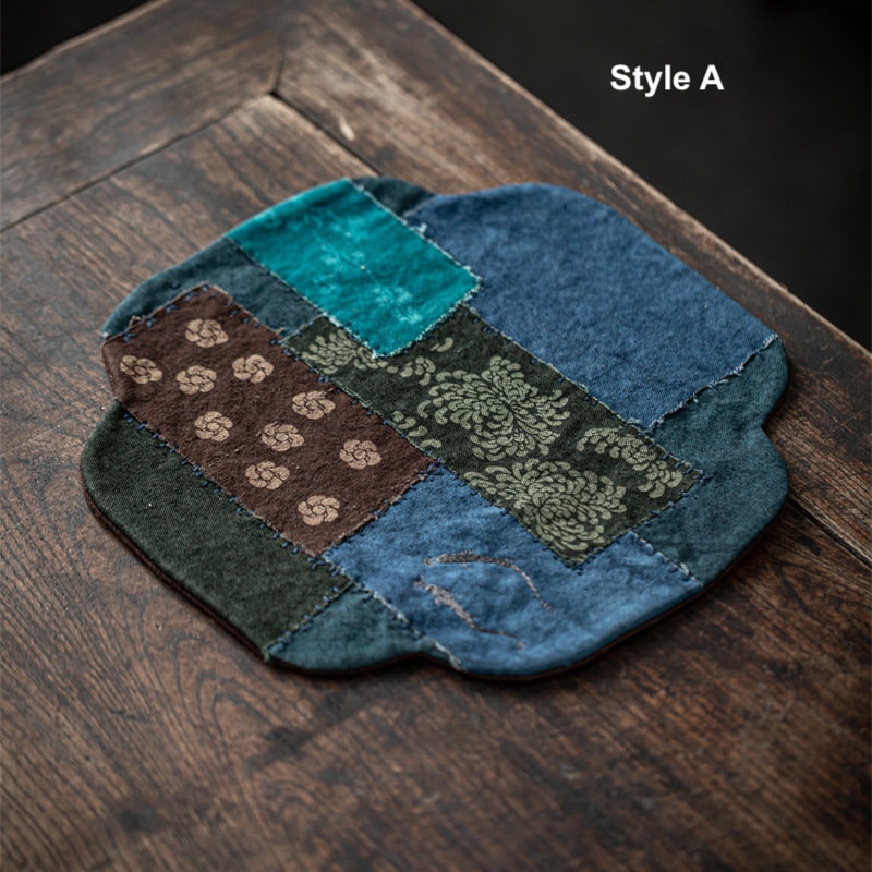 Tea Table Mat 33X33CM, Hand Stitching, Plant Dye Canvas Embroidery Tea Mat, Zen Style Teapot Mat, waterproof, Kungfu Tea Accessories