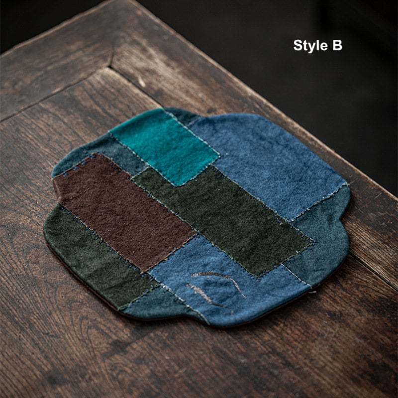 Tea Table Mat 33X33CM, Hand Stitching, Plant Dye Canvas Embroidery Tea Mat, Zen Style Teapot Mat, waterproof, Kungfu Tea Accessories