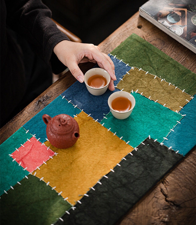 Rainbow Embroidery Tea Mat 58X27CM, Hand Stitching, Plant Dye Canvas Tea Table Mat, Zen Style Teapot Mat, waterproof, Kungfu Tea Accessories