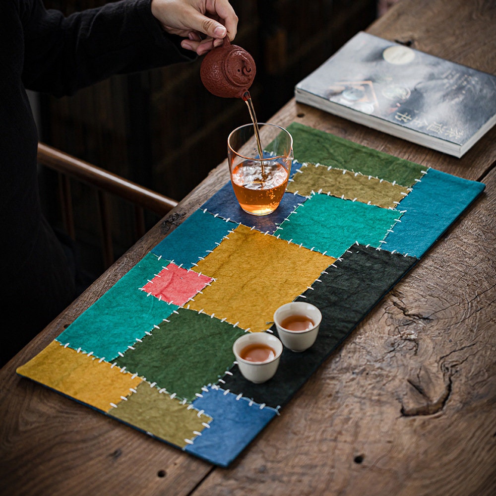 Rainbow Embroidery Tea Mat 58X27CM, Hand Stitching, Plant Dye Canvas Tea Table Mat, Zen Style Teapot Mat, waterproof, Kungfu Tea Accessories