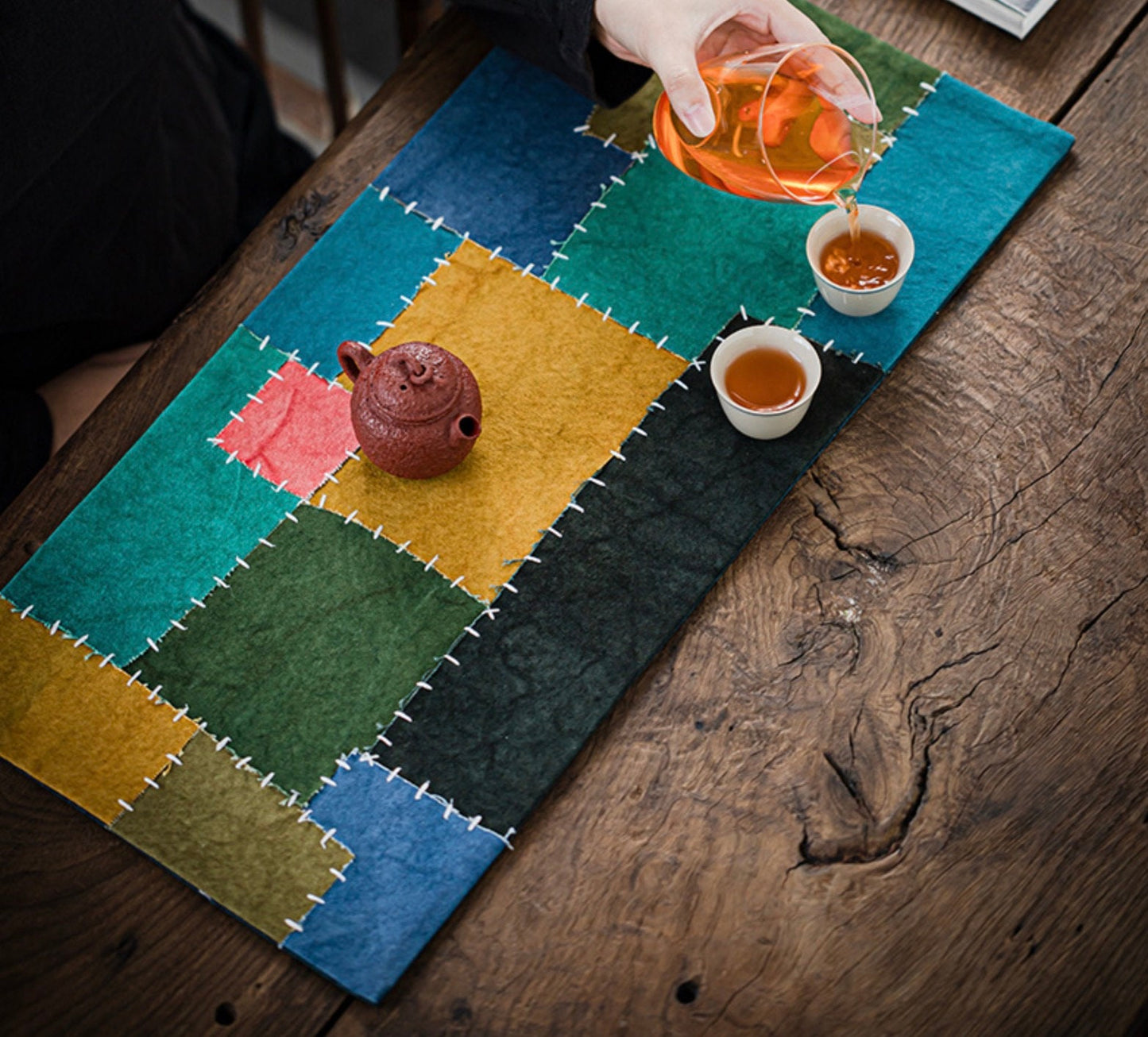 Rainbow Embroidery Tea Mat 58X27CM, Hand Stitching, Plant Dye Canvas Tea Table Mat, Zen Style Teapot Mat, waterproof, Kungfu Tea Accessories