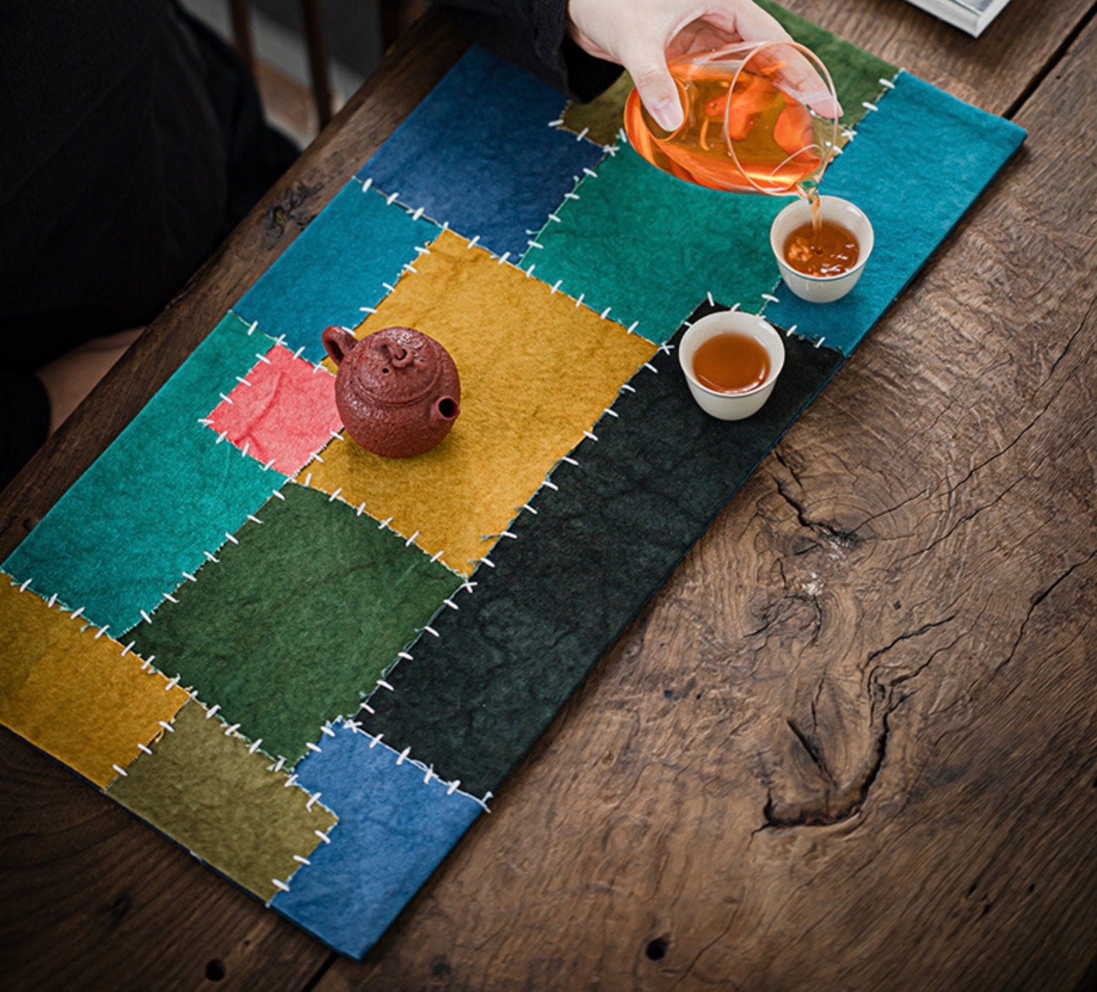 Rainbow Embroidery Tea Mat 58X27CM, Hand Stitching, Plant Dye Canvas Tea Table Mat, Zen Style Teapot Mat, waterproof, Kungfu Tea Accessories