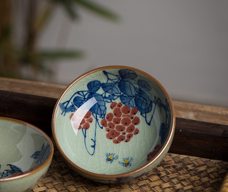 Wood-Fired Gongfu Tea Cups, Hand Painted Blue White Pu-erh Tea Cup 70ml /2.5oz, Chinese tea Cups, 2 Styles, Gift for Kungfu Tea Lovers