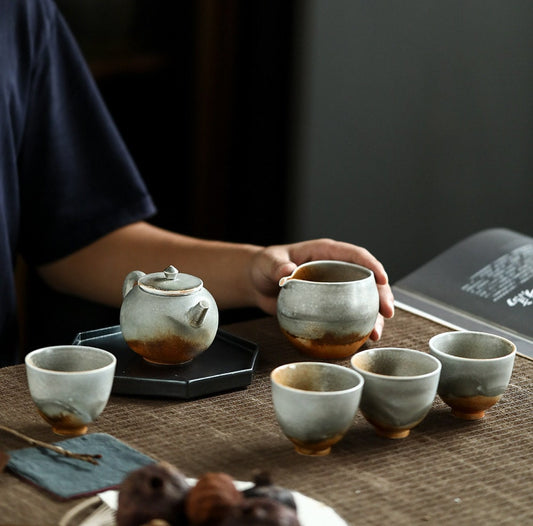 Handmade Kungfu tea Set, Jingdezhen Wood-fire Color Teapot Set - 1 teapot, 4 cups and 1 fairness cup, Gift Set for Gongfu Tea Lovers