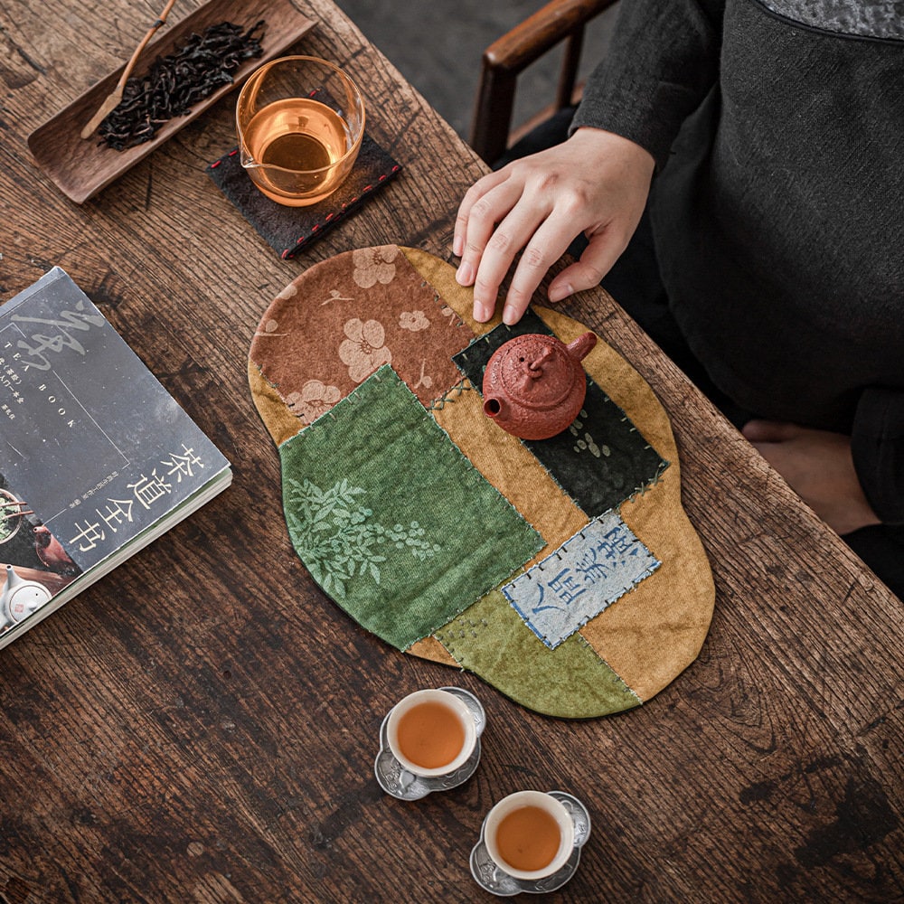 Hand Stitching Tea Table Mat 33X23CM, Plant Dye Canvas Embroidery Tea Mat, Teapot Mat, Chado Placemat, waterproof, Kungfu Tea Accessories
