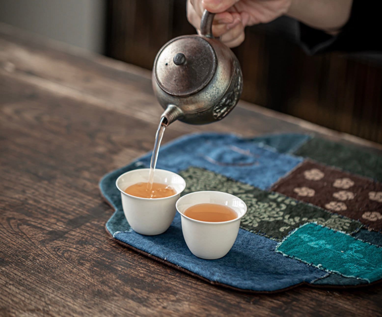 Tea Table Mat 33X33CM, Hand Stitching, Plant Dye Canvas Embroidery Tea Mat, Zen Style Teapot Mat, waterproof, Kungfu Tea Accessories