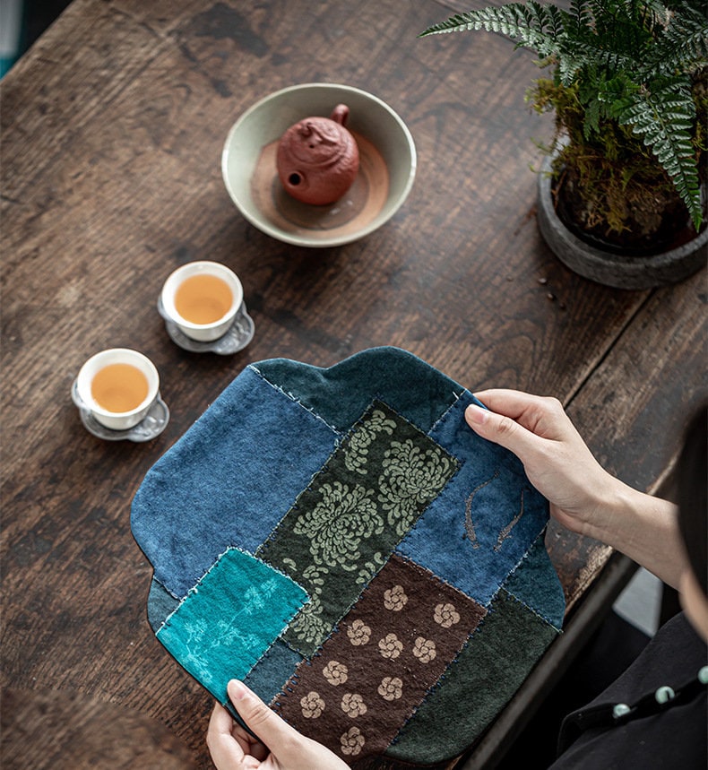 Tea Table Mat 33X33CM, Hand Stitching, Plant Dye Canvas Embroidery Tea Mat, Zen Style Teapot Mat, waterproof, Kungfu Tea Accessories