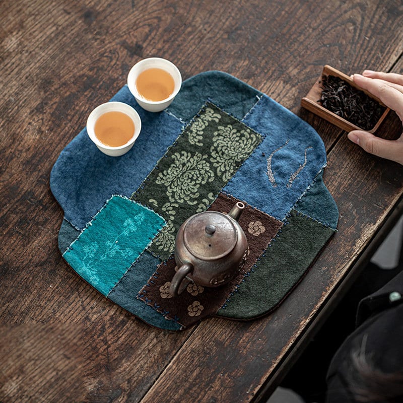 Tea Table Mat 33X33CM, Hand Stitching, Plant Dye Canvas Embroidery Tea Mat, Zen Style Teapot Mat, waterproof, Kungfu Tea Accessories