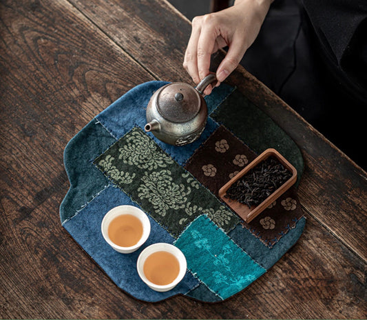 Tea Table Mat 33X33CM, Hand Stitching, Plant Dye Canvas Embroidery Tea Mat, Zen Style Teapot Mat, waterproof, Kungfu Tea Accessories