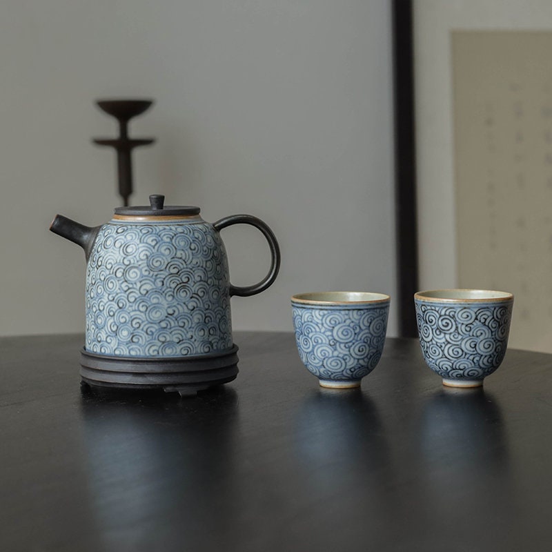 Jingdezhen Blue White Gongfu Tea Set, Handmade Chinese Tea Set - 1 Teapot 4 Cups, 2 style - Clouds Sea and Ocean Waves, tea lover gift
