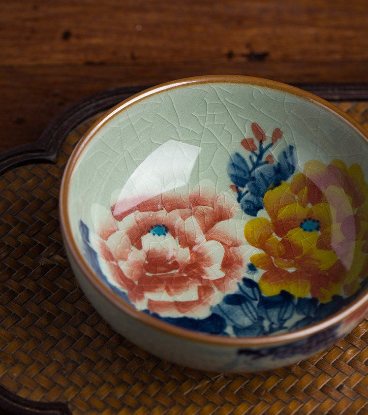 Hand Painted Peony Flower Gongfu Tea Cups 90ml /3oz, Wood-Fired Blue White Pu-erh Tea Cup, Chinese tea Cups, Gift for Kungfu Tea Lovers