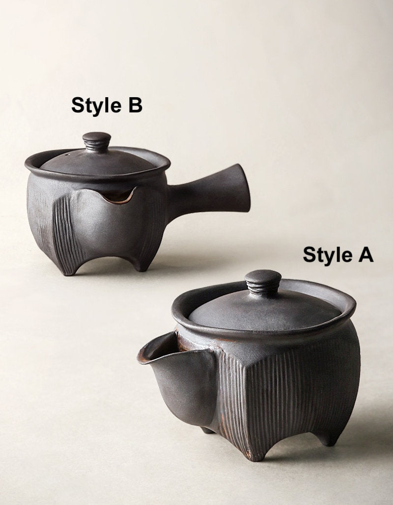 Black Pottery Gongfu Teapot, Handmade Japanese Style Teapots, Small Teapot to Brew Loose Leaf Tea, 2 Styles, Black Kyusu Teapot