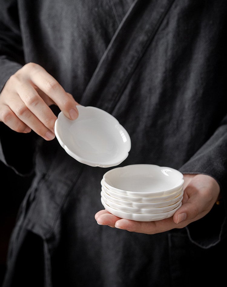 White Porcelain Gongfu Tea Cup Saucer, Tea Cup Coaster, Flower Shape Cup Saucer, Gongfu Tea Ceremony Accessories