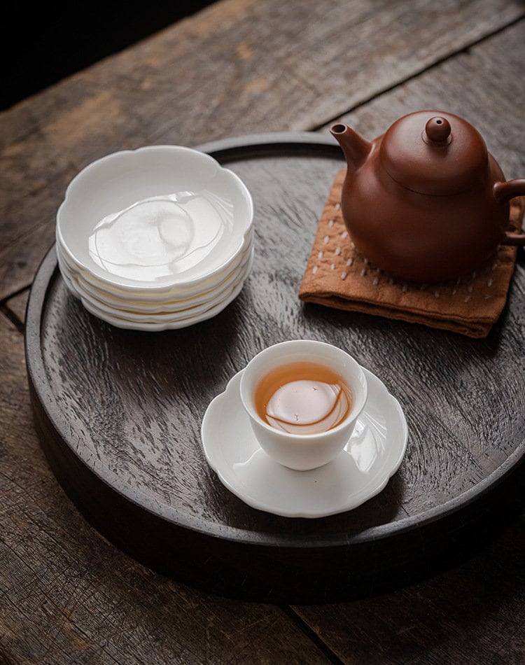 White Porcelain Gongfu Tea Cup Saucer, Tea Cup Coaster, Flower Shape Cup Saucer, Gongfu Tea Ceremony Accessories