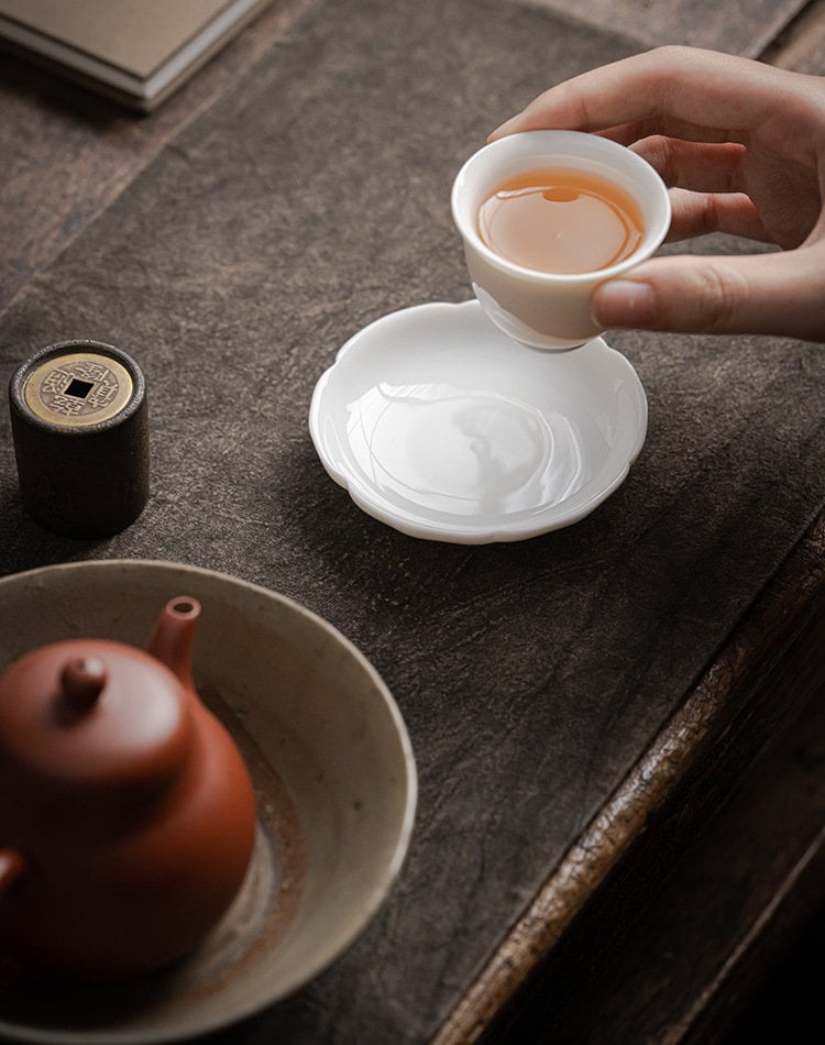 White Porcelain Gongfu Tea Cup Saucer, Tea Cup Coaster, Flower Shape Cup Saucer, Gongfu Tea Ceremony Accessories