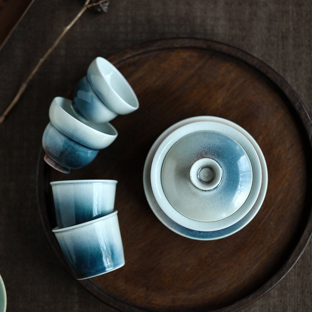 Handmade Blue Gaiwan Tea Set, Ice Cracked Glaze, Jingdezhen Tea Wares, Chinese Gaiwan Set - 1 Gaiwan + 4 Cups, Gongfu Tea Lovers Gift Set