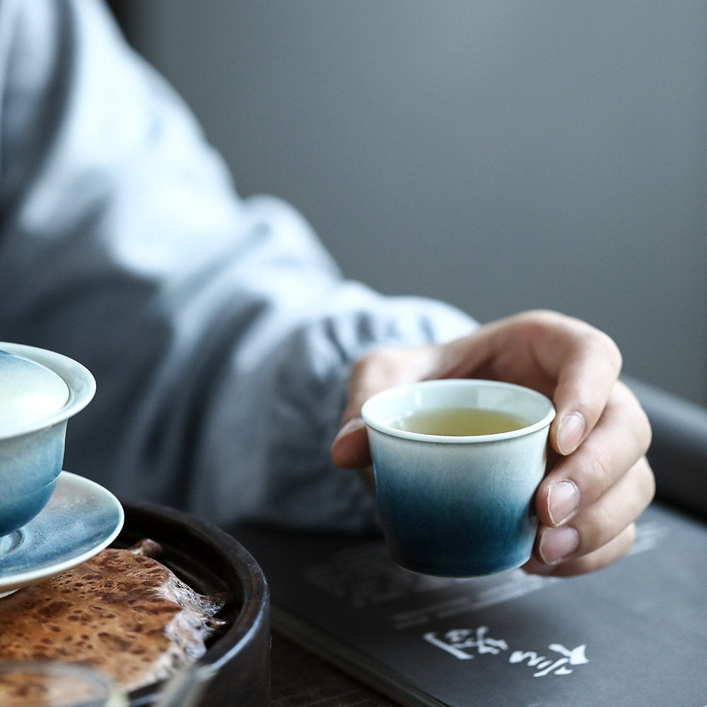Handmade Blue Gaiwan Tea Set, Ice Cracked Glaze, Jingdezhen Tea Wares, Chinese Gaiwan Set - 1 Gaiwan + 4 Cups, Gongfu Tea Lovers Gift Set