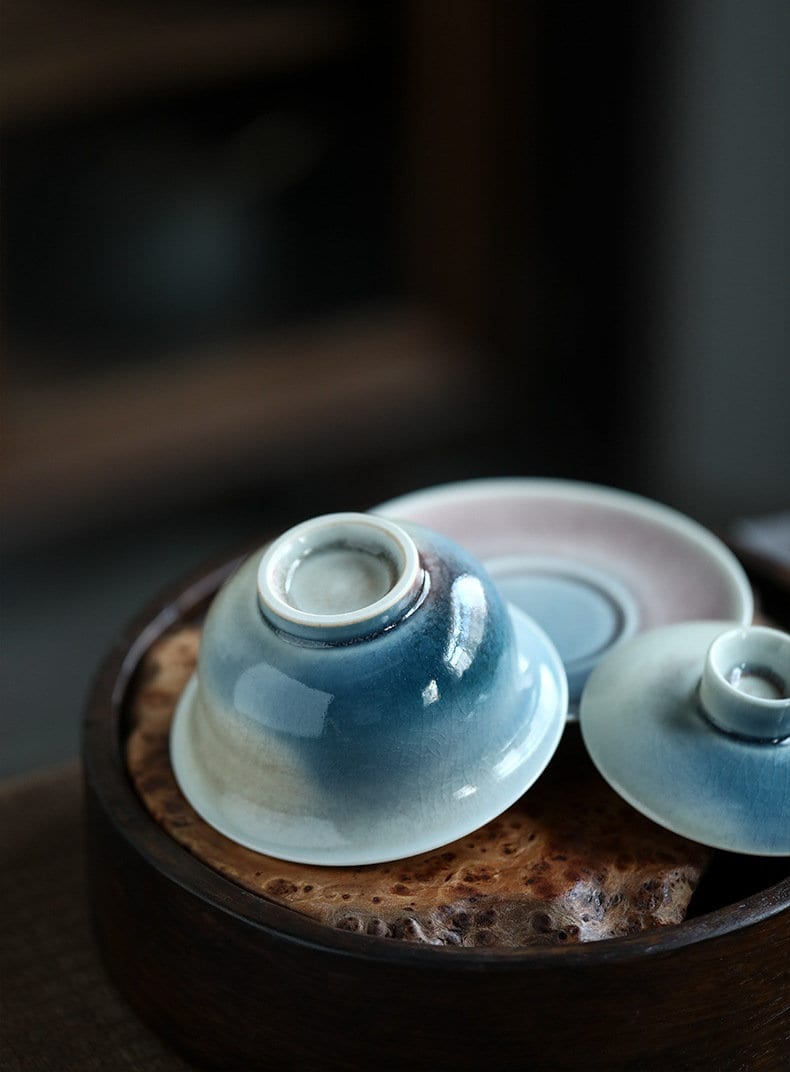 Handmade Blue Gaiwan Tea Set, Ice Cracked Glaze, Jingdezhen Tea Wares, Chinese Gaiwan Set - 1 Gaiwan + 4 Cups, Gongfu Tea Lovers Gift Set