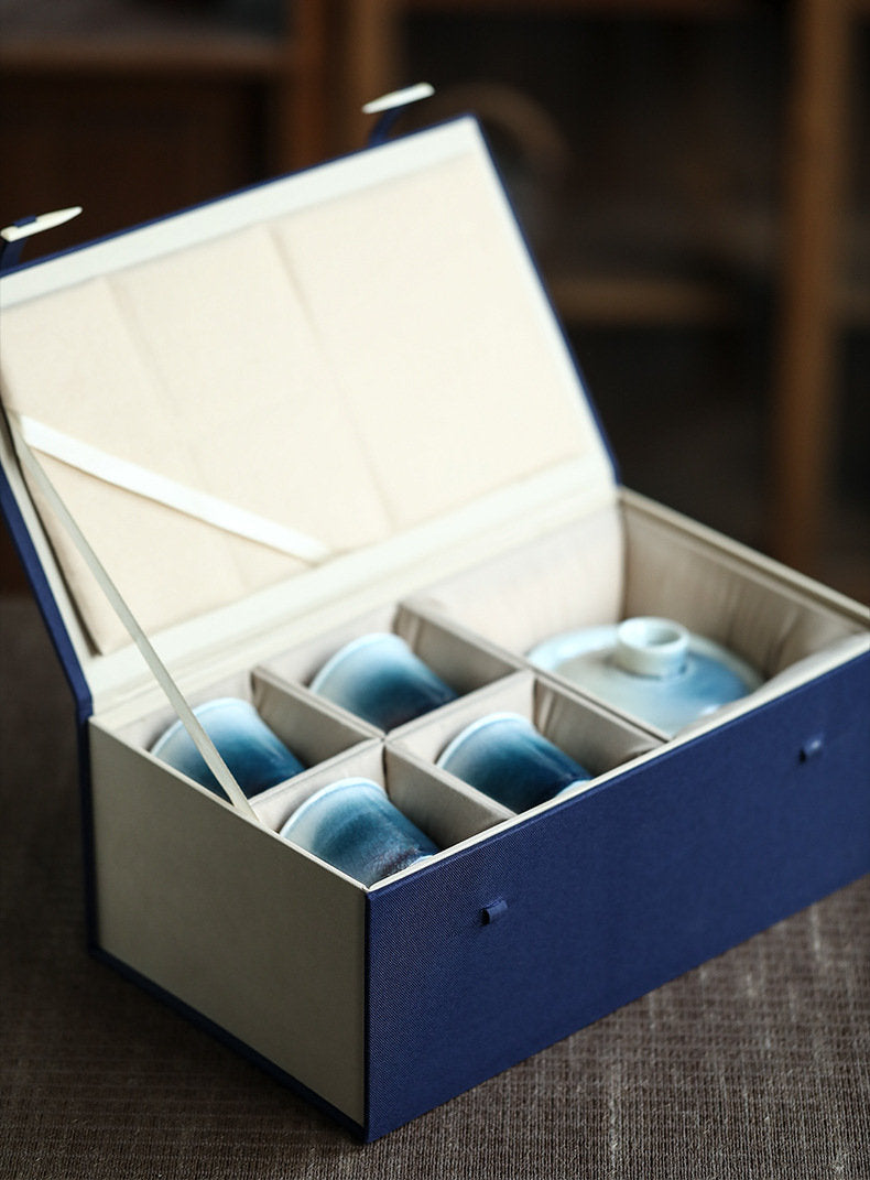 Handmade Blue Gaiwan Tea Set, Ice Cracked Glaze, Jingdezhen Tea Wares, Chinese Gaiwan Set - 1 Gaiwan + 4 Cups, Gongfu Tea Lovers Gift Set