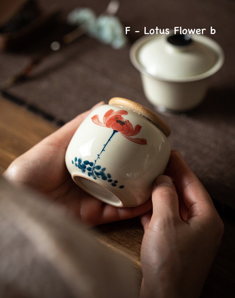Hand-painted Ceramic Jar for Loose Leaf Teas, Small Tea Tin with Sealed Lid 220ml/7.4oz, Wood Ash Glaze, Tea Caddy, Tea Containers, 6 Styles