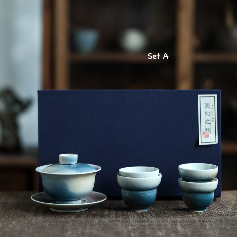 Handmade Blue Gaiwan Tea Set, Ice Cracked Glaze, Jingdezhen Tea Wares, Chinese Gaiwan Set - 1 Gaiwan + 4 Cups, Gongfu Tea Lovers Gift Set
