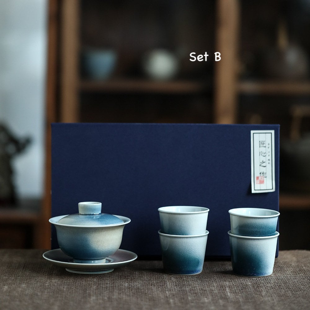 Handmade Blue Gaiwan Tea Set, Ice Cracked Glaze, Jingdezhen Tea Wares, Chinese Gaiwan Set - 1 Gaiwan + 4 Cups, Gongfu Tea Lovers Gift Set