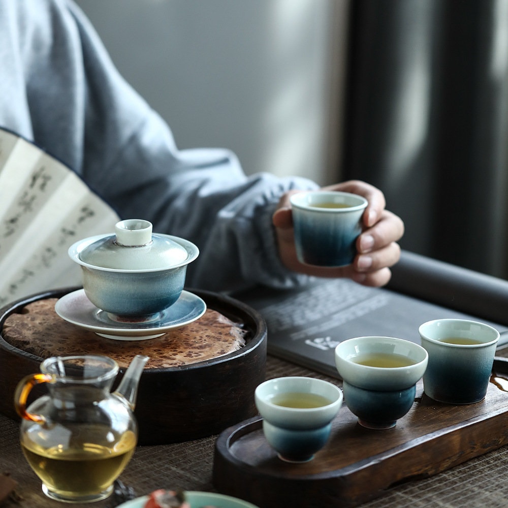 Handmade Blue Gaiwan Tea Set, Ice Cracked Glaze, Jingdezhen Tea Wares, Chinese Gaiwan Set - 1 Gaiwan + 4 Cups, Gongfu Tea Lovers Gift Set