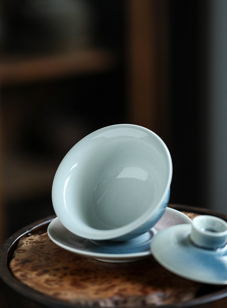 Handmade Blue Gaiwan Tea Set, Ice Cracked Glaze, Jingdezhen Tea Wares, Chinese Gaiwan Set - 1 Gaiwan + 4 Cups, Gongfu Tea Lovers Gift Set