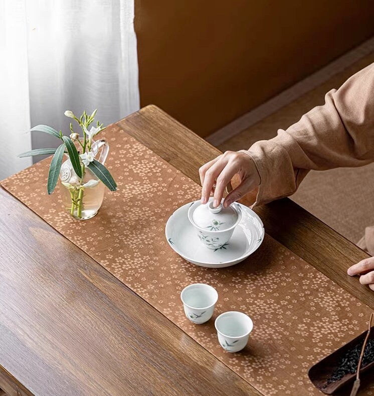 Tea-Silk Tea Table Runner 25x150cm, Aged Gambiered Canton Silk Tea Mats, Natural Dye, Chado Table Runner, Gongfu Tea Accessory, 2 styles