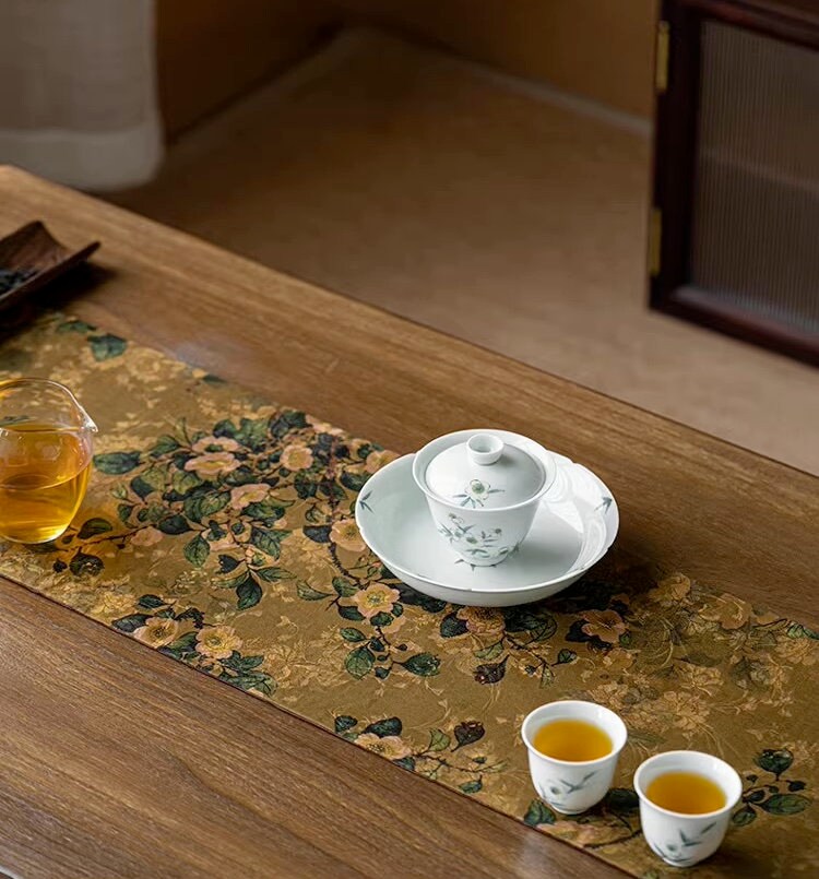 Tea-Silk Tea Table Runner 25x150cm, Aged Gambiered Canton Silk Tea Mats, Natural Dye, Chado Table Runner, Gongfu Tea Accessory, 2 styles