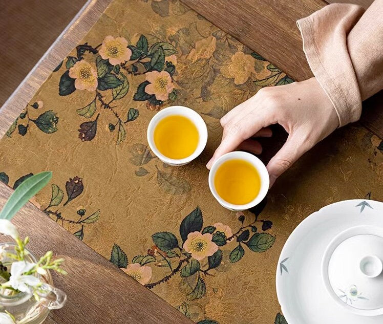 Tea-Silk Tea Table Runner 25x150cm, Aged Gambiered Canton Silk Tea Mats, Natural Dye, Chado Table Runner, Gongfu Tea Accessory, 2 styles