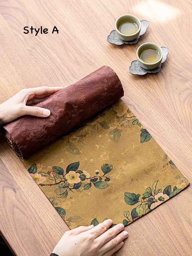 Tea-Silk Tea Table Runner 25x150cm, Aged Gambiered Canton Silk Tea Mats, Natural Dye, Chado Table Runner, Gongfu Tea Accessory, 2 styles