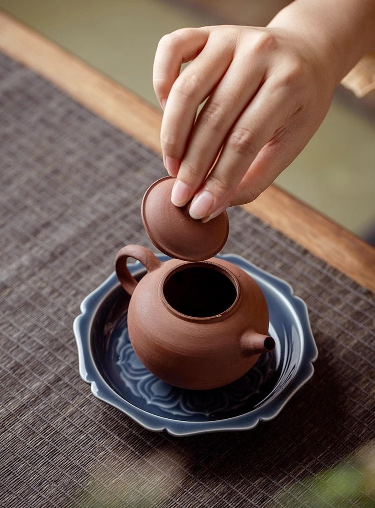 Gongfu Teapot Holder (Hu Cheng), Small Fruit Snack Platter for Gongfu Tea Table, Small Hand Carved Pattern Trays, 3 Styles 2 Colors