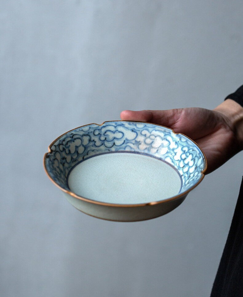 Hand Painted Lucky Clouds Ceramic Teapot Holder (Hu Cheng), Fanggu Style Blue White Teapot Stand, Cup Holder, Gongfu Tea Accessories