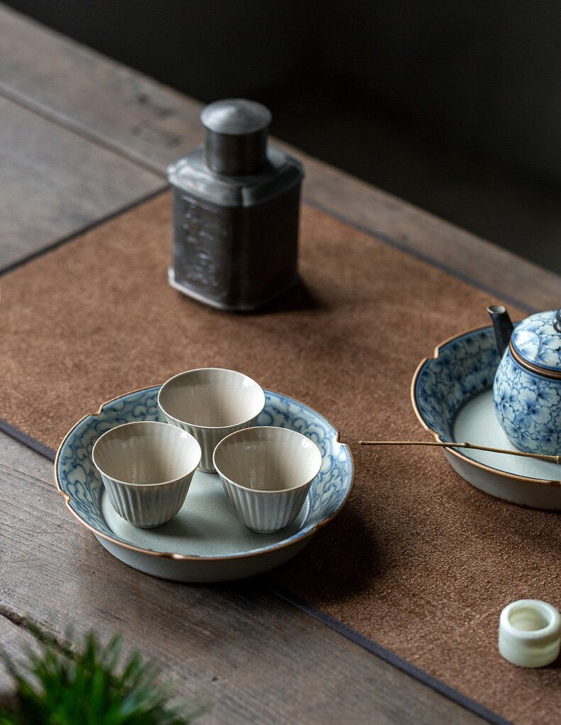 Hand Painted Lucky Clouds Ceramic Teapot Holder (Hu Cheng), Fanggu Style Blue White Teapot Stand, Cup Holder, Gongfu Tea Accessories