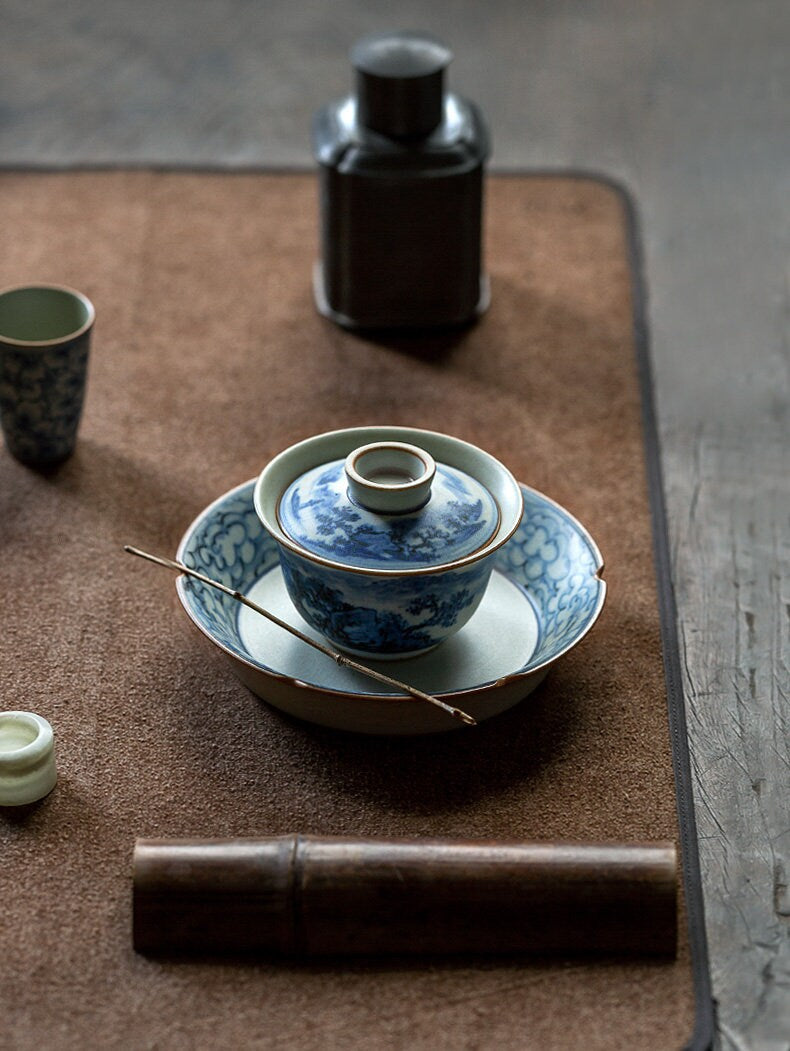 Hand Painted Lucky Clouds Ceramic Teapot Holder (Hu Cheng), Fanggu Style Blue White Teapot Stand, Cup Holder, Gongfu Tea Accessories