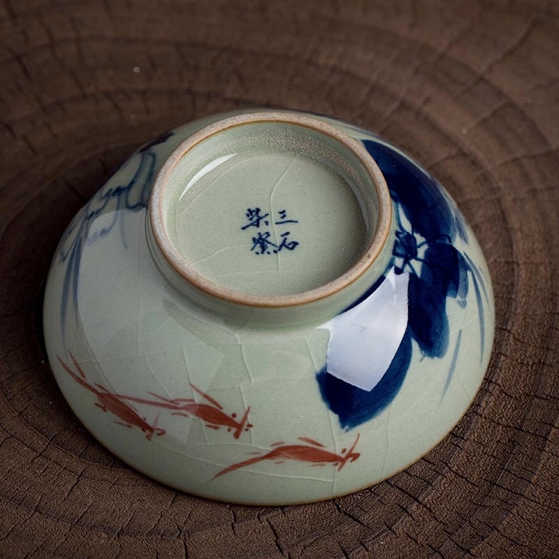 Wood-Fired Ceramic Fish Tea Cups, Hand Painted Blue White Pu-erh Tea Cup, Chinese tea Cups, 2 Styles, Gift for Kungfu Tea Lovers