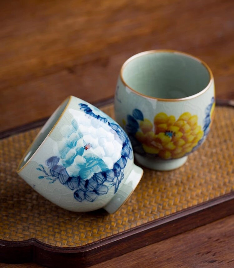 Hand Painted Peony Flower Gongfu Tea Cups 100ml /3.4oz, Wood-Fired Blue White Master Tea Cup Set, Chinese tea Cups, 2 Styles, Tea Lover Gift